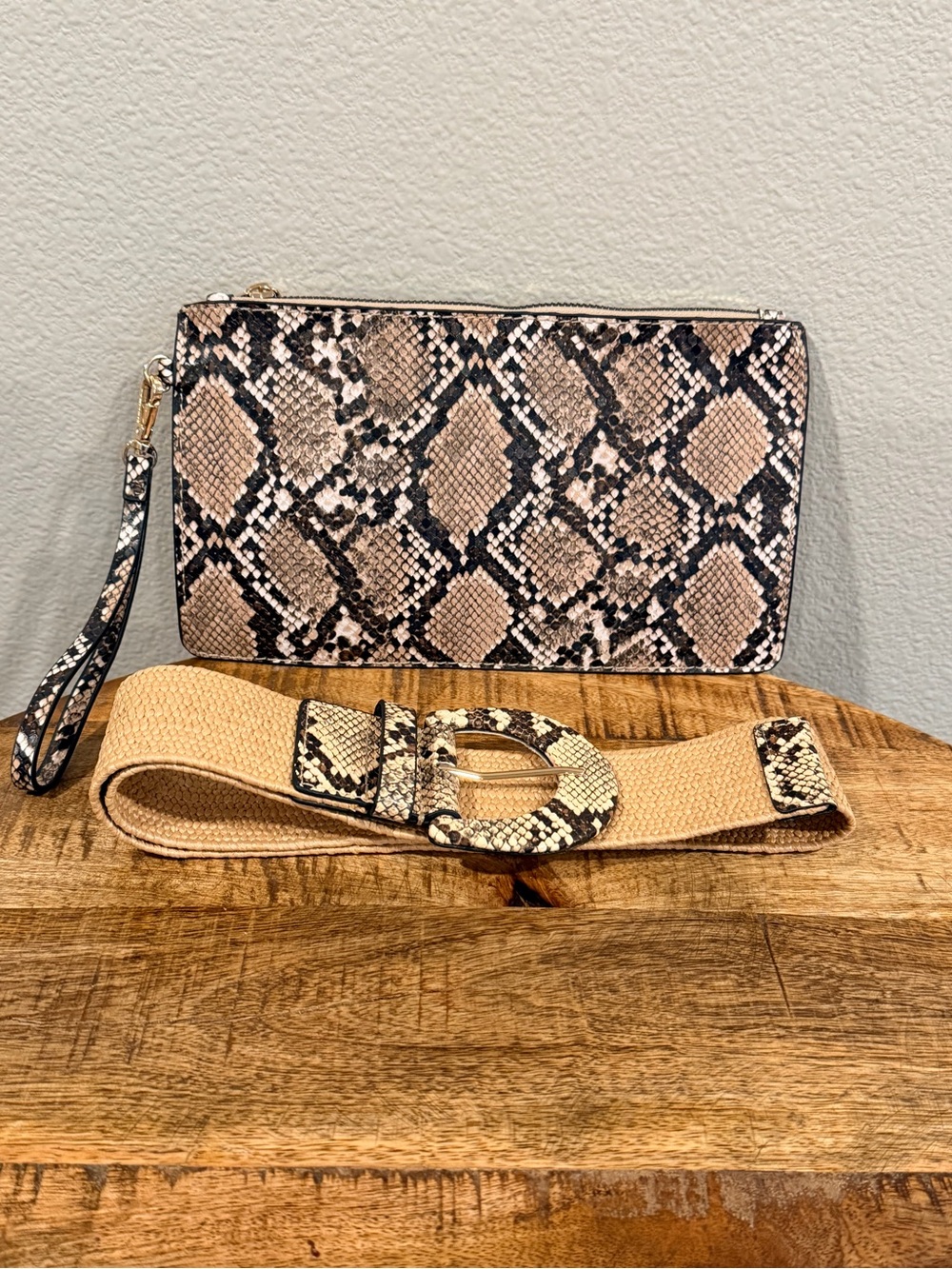 Boho Python Snakeskin Wristlet Clutch Bag & Woven Elastic Stretch Belt Set